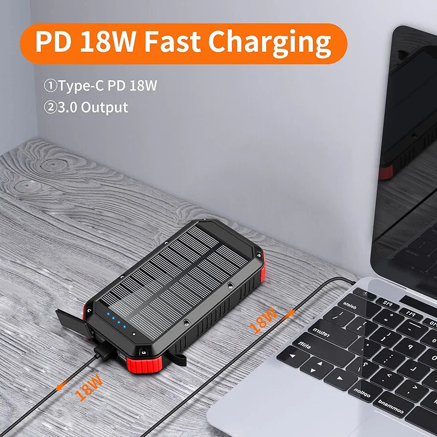 Solar Power Bank, Portable Charger 39,800 mAh Solar Charger, 18W Type-c & 5 Outputs Battery Pack, 2 Super Bright Flashlights 4 Lighting Modes