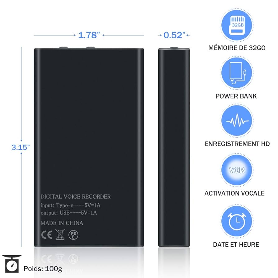 Magnetic Voice Recorder 32GB 12 Days Battery Life 2500mAh Voice Activation Voice Recorder Long Life Voice Recorder NOR/BEFORE Button