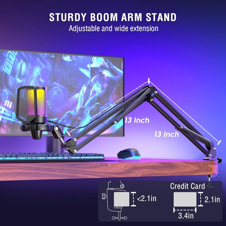 FIFINE Gaming PC USB Microphone, Podcast Condenser Mic with Boom Arm, Pop Filter, Mute Button for Streaming, Twitch, Online Chat, RGB Computer Mic for PS4/5 PC Gamer Youtuber-AmpliGame A6T