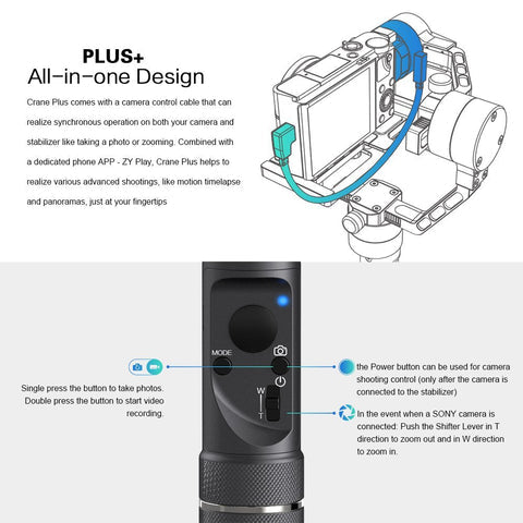 ZHIYUN Crane Plus 3-Axis Handheld Gimbal Stabilizer for DSLR and Mirrorless Camera compatible Sony Panasonic LUMIX Nikon Canon POV Large Payload Timelapse Object