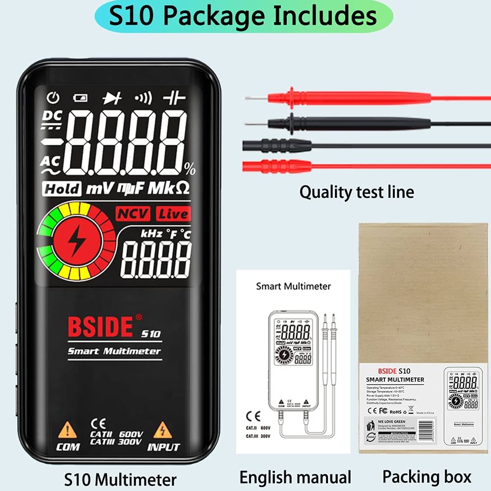 BSIDE Bside S10 Digital Multimeter Handy Auto Range EBTN LCD 9999 Counts Voltage Tester Capacitance Resistance Frequency Temp Continuity Diode Duty Cycle Live Check Voltmeter with Flashlight