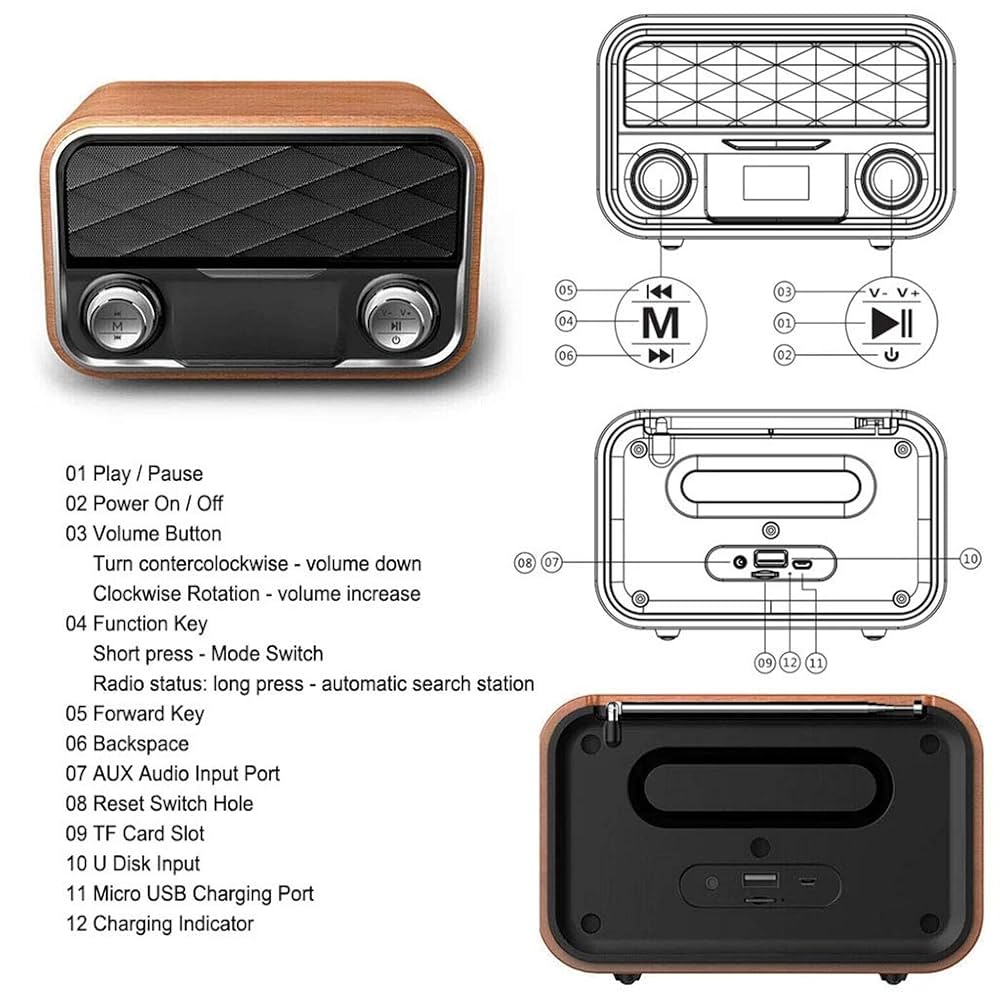 Portable Wireless Bluetooth Speaker Urround Stereo Sound Wooden Subwoofer 2 Speakers FM Radio for PC, Mobile Phone, Laptop TF Card AUX USB,Light wood