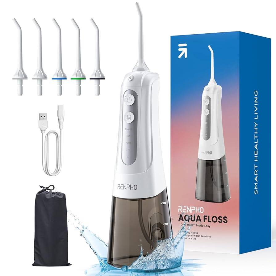 RENPHO Water Flosser for Teeth Cordless, Portable IPX7 Waterproof Oral Irrigator with 4 Modes 5 Jet Tips, 300ML Teeth Cleaner Plaque Removal Tool for Travel Home Cleaning, USB Rechargeable