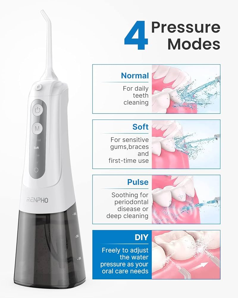 RENPHO Water Flosser for Teeth Cordless, Portable IPX7 Waterproof Oral Irrigator with 4 Modes 5 Jet Tips, 300ML Teeth Cleaner Plaque Removal Tool for Travel Home Cleaning, USB Rechargeable