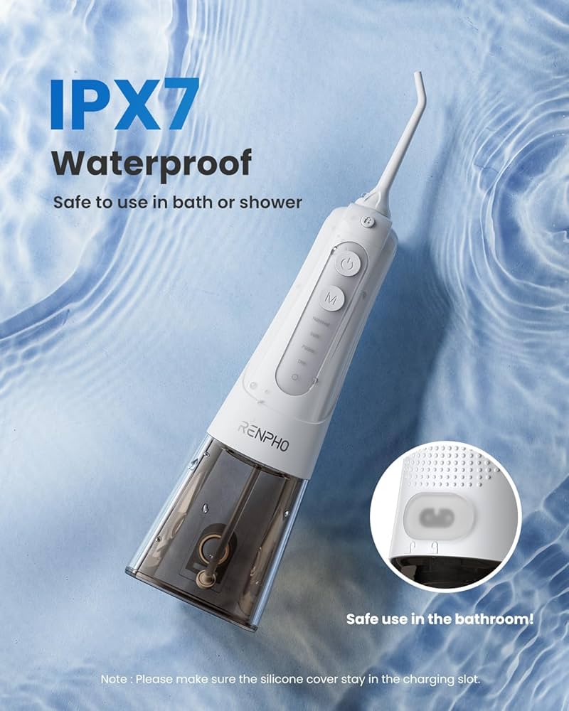 RENPHO Water Flosser for Teeth Cordless, Portable IPX7 Waterproof Oral Irrigator with 4 Modes 5 Jet Tips, 300ML Teeth Cleaner Plaque Removal Tool for Travel Home Cleaning, USB Rechargeable