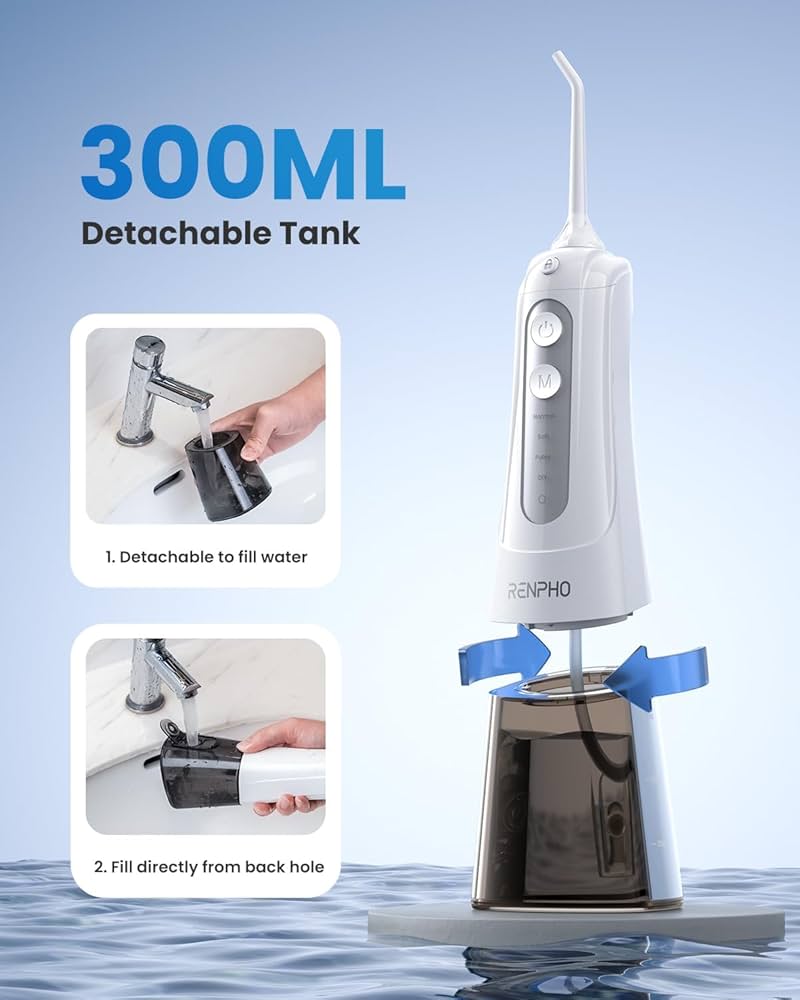 RENPHO Water Flosser for Teeth Cordless, Portable IPX7 Waterproof Oral Irrigator with 4 Modes 5 Jet Tips, 300ML Teeth Cleaner Plaque Removal Tool for Travel Home Cleaning, USB Rechargeable