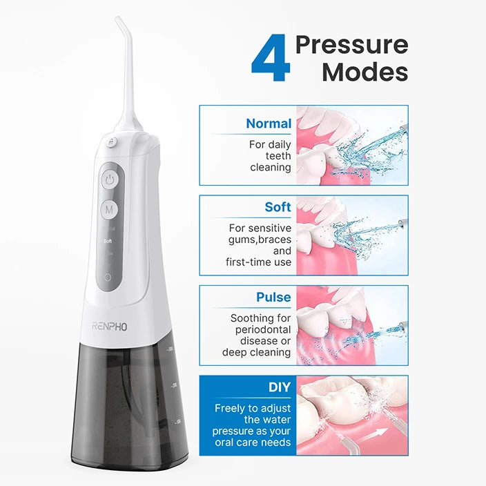 RENPHO Water Flosser for Teeth Cordless, Portable IPX7 Waterproof Oral Irrigator with 4 Modes 5 Jet Tips, 300ML Teeth Cleaner Plaque Removal Tool for Travel Home Cleaning, USB Rechargeable