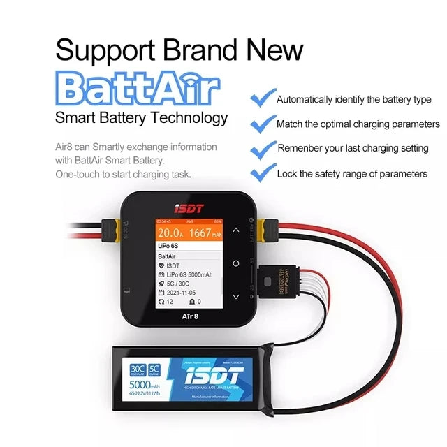 ISDT Air8 Battair lipo Battery Charger Discharger DC 20A 500W LCD Display Smart Rc Lipo Balance Charger for 1-8S Li-ion Life NiCd NiMH LiHV PB Smart Battery