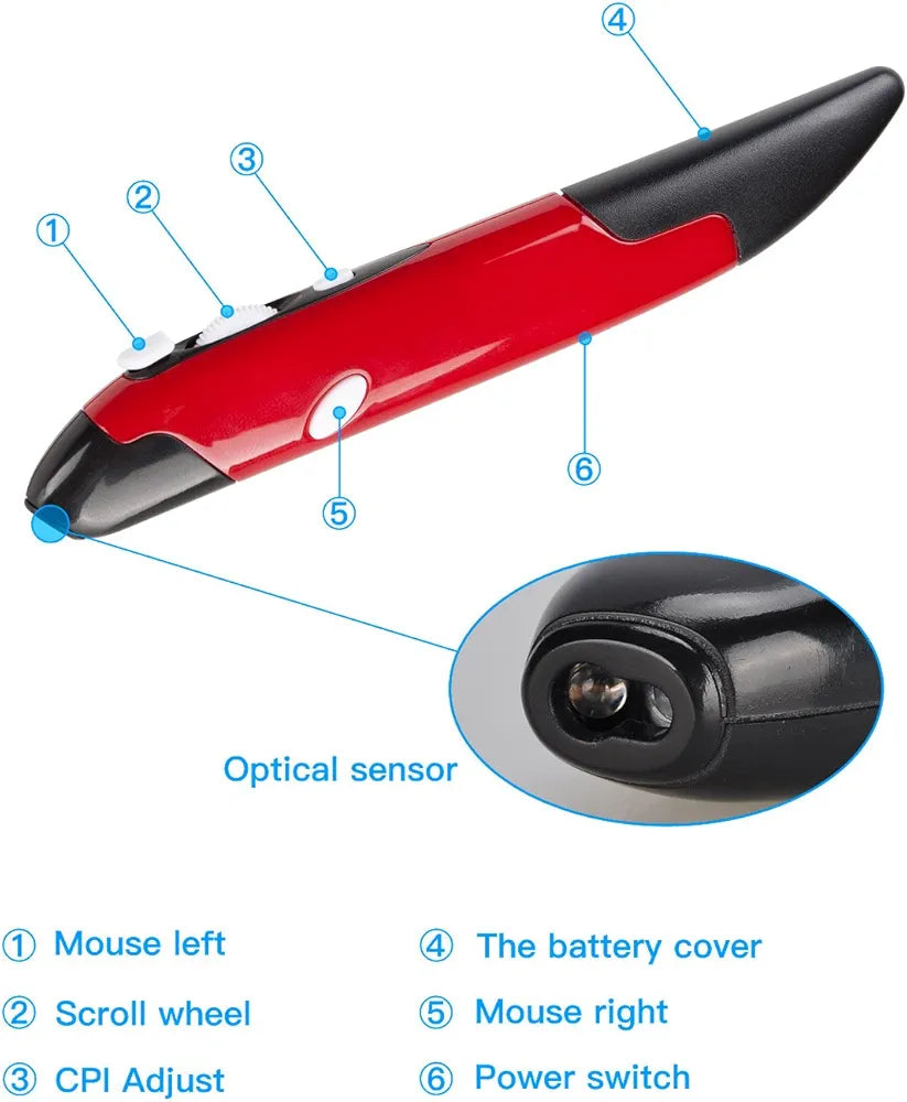 lychee Wireless Optical Pocket Pen Mouse, 2.4GHZ USB Wireless Optical Pen Mouse 800/1200/1600 DPI Adjustable Handwriting Mini Mice for PC Laptop Notebook Computer Mac (Red