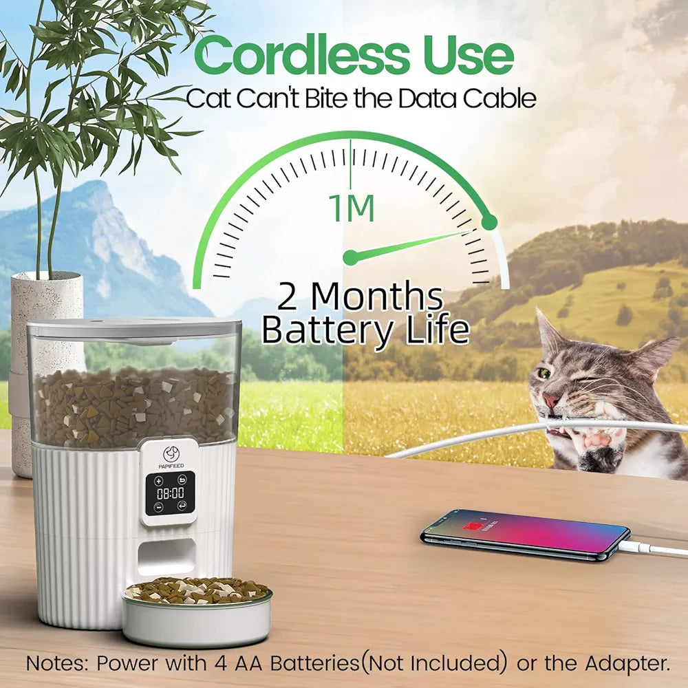PAPIFEED Timed Automatic Cat Feeders Smart Dry Food Dispenser with Stainless Steel Bowl, Programmable Portion Control Auto Feeder, Outdoor Battery Operated Up to 30 Days, for Cats & Small Dogs