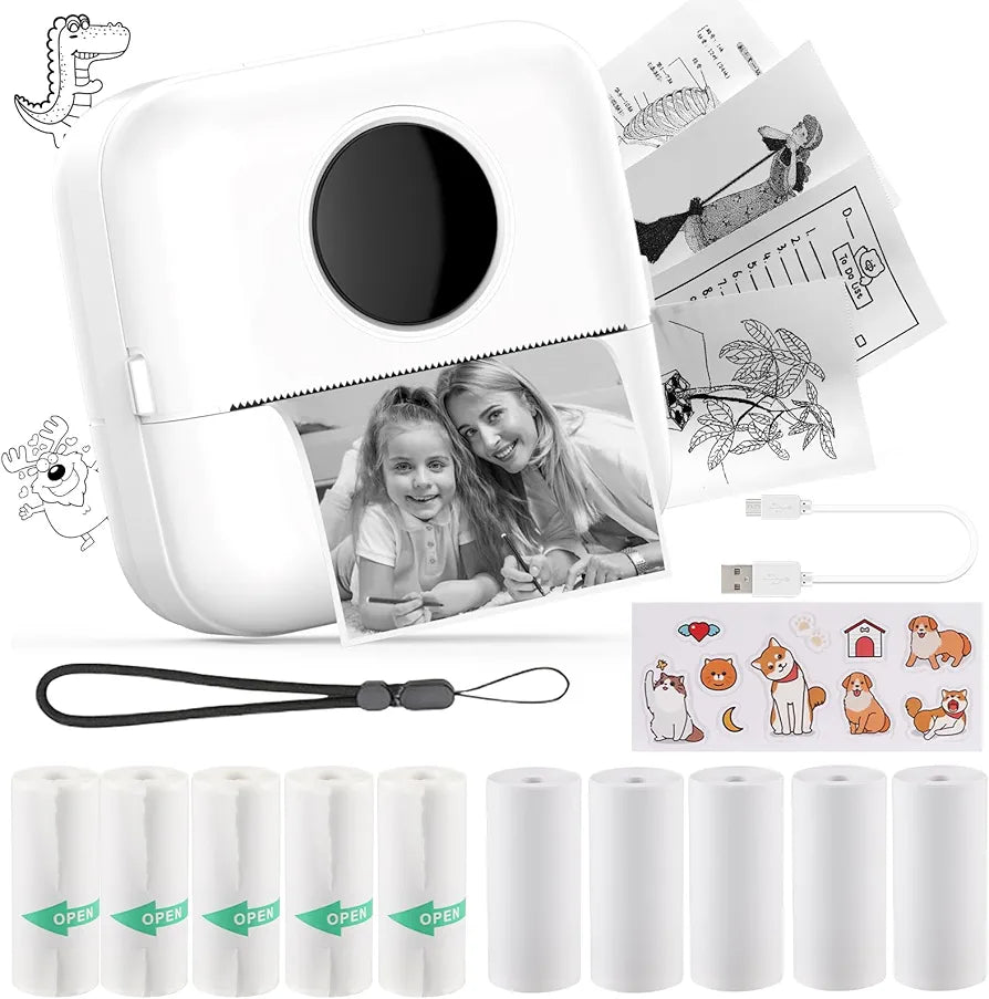 HuiJuKeJi Mini Sticker Printer Bluetooth Smart Pocket Inkless Thermal Printer with 11 Rolls Thermal Paper and Sticker for iOS&Android Print Pod, Portable Receipt Printer for Photo Journal Notes Memo