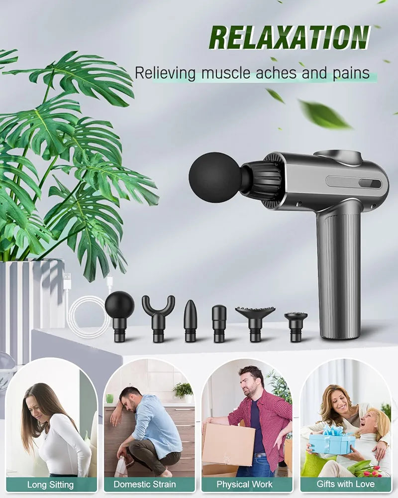Massage Gun, Muscle Massage Gun Deep Tissue, Percussion Muscle Massager with 6 Massage Heads, Type-C Electric Handheld Body Massager for Muscle Pain Relief & Recovery
