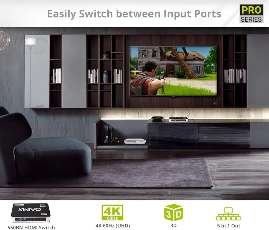 Kinivo HDMI Switch 4K HDR 550BN (5 in 1 Out, 4K 60Hz HDR, HDMI 2.0, High Speed 18Gbps, IR Remote, HDCP) - Compatible with Roku, PS5, Xbox, Apple TV, Nintendo Switch, Cable Box