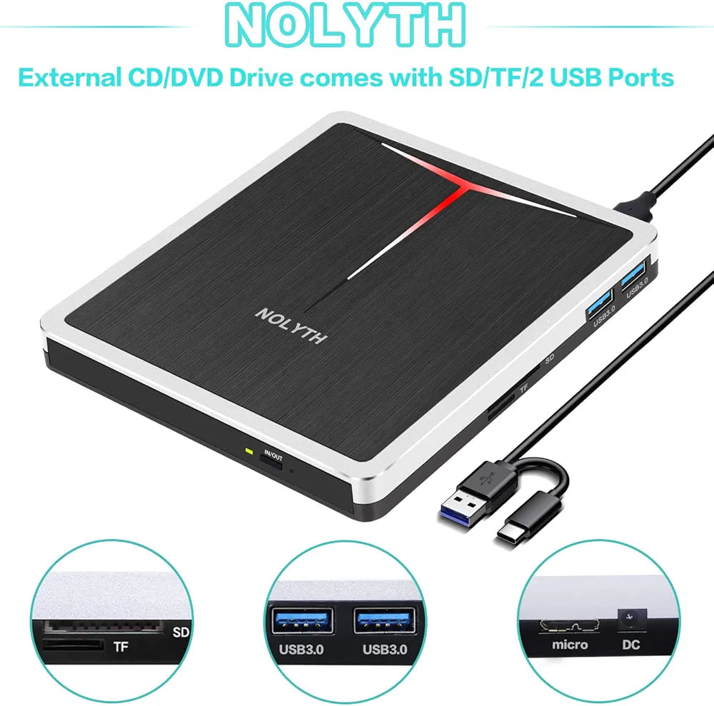 NOLYTH External DVD Drive, CD Drive External USB, DVD Drive External with SD TF 2 USB Ports, Portable External Optical Drives, DVD Burner, External CD Drive External for Laptop, Mac, PC, Windows