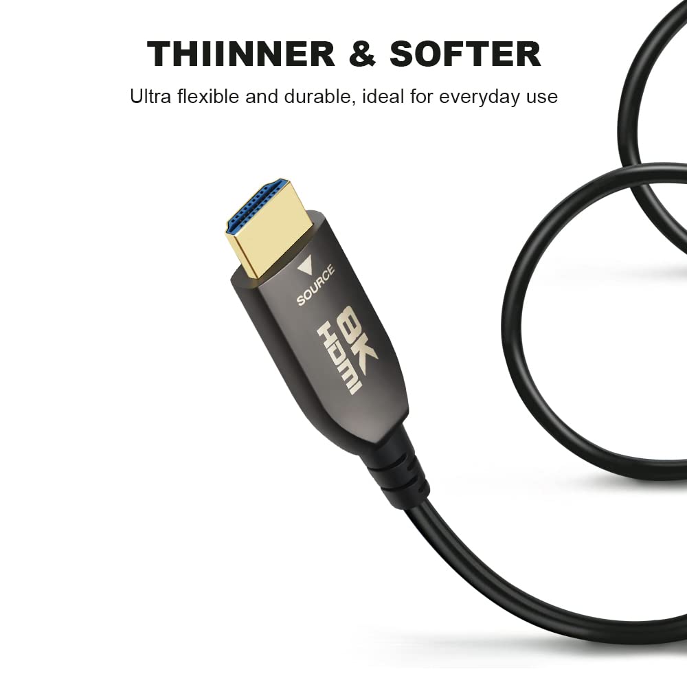 Yauhody Real 8K HDMI Fiber Optic Cable 50ft, Ultra High Speed 48Gbps HDMI 2.1 Over Fiber, Supports 10K, 8K@60Hz, 4K@144Hz/120Hz/60Hz, HDCP 2.2 & 2.3, 4:4:4, eARC, Dynamic HDR 10, 3D (50ft)
