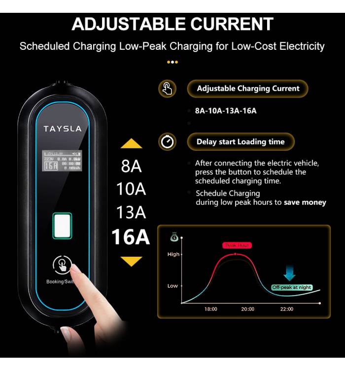 TAYSLA Portable EV Charger Schuko-Type 2, Adjustable 8-16A, 3.5kW, 3.5m