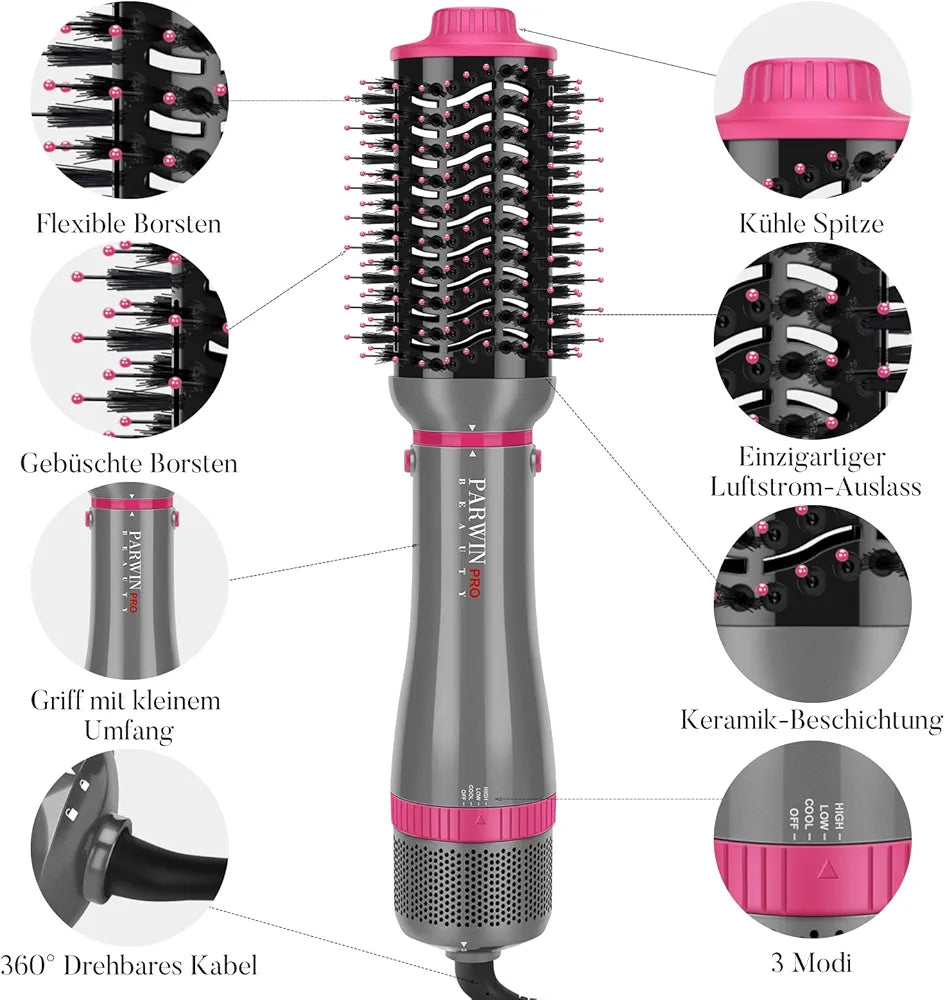 PARWIN PRO BEAUTY Hair Dryer 4 in 1 Brush with 4 Accessories, for Drying, Smoothing, Volumising and Styling, Ionic Hair Dryer Brush