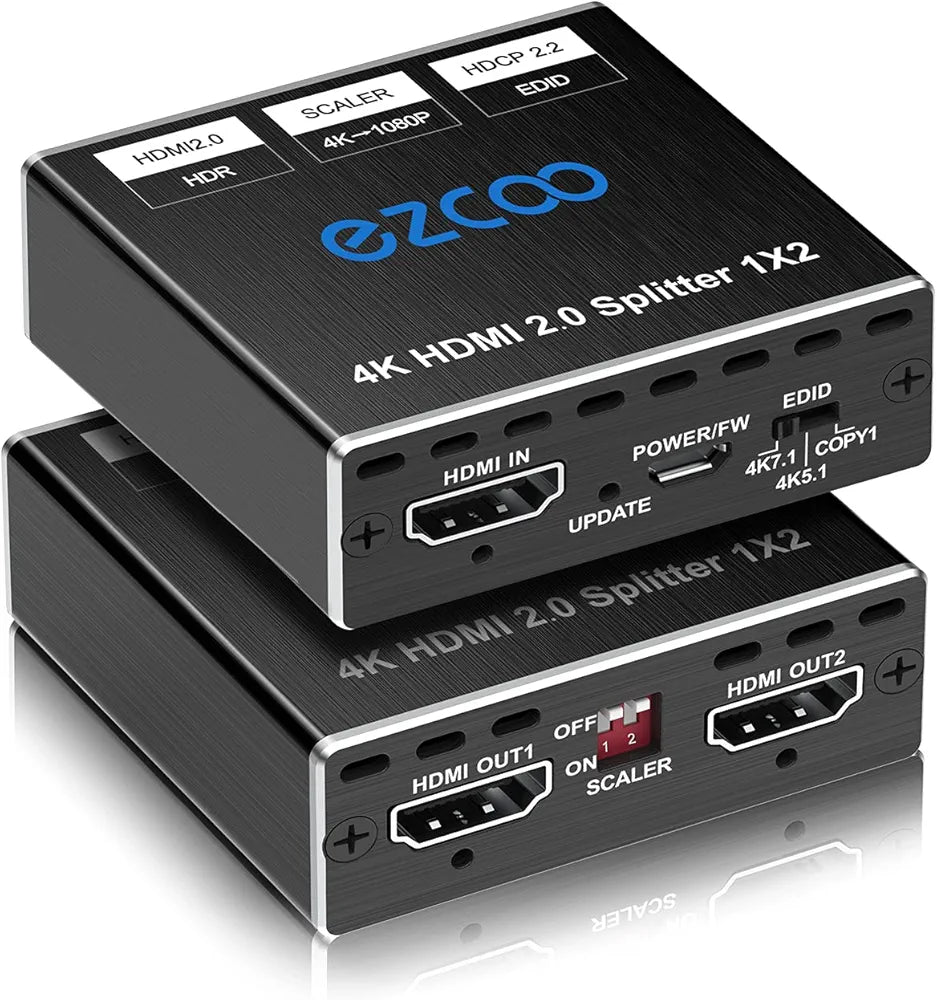 4K HDMI Splitter 1x2 HDR Vision Atmos 18Gbps- HDMI Scaler 4K 1080P Sync,4K HDMI Splitter 1 in 2 out 60Hz 4:4:4 HDCP2.2, EDID Scaler Panel Switch,Firmware Upgrade,USB Power,Windows IOS,