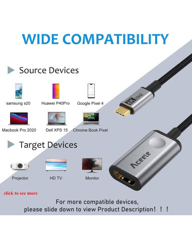 Aceele USB C to HDMI Adapter, 4K USB C HDMI Adapter Thunderbolt 3/4 USB-C 3.1 Gen 2 to HDMI Adapter, Compatible with iPhone 15 Plus Pro Max, MacBook Air/Pro, iPad Pro, Galaxy S23/S22, Dell