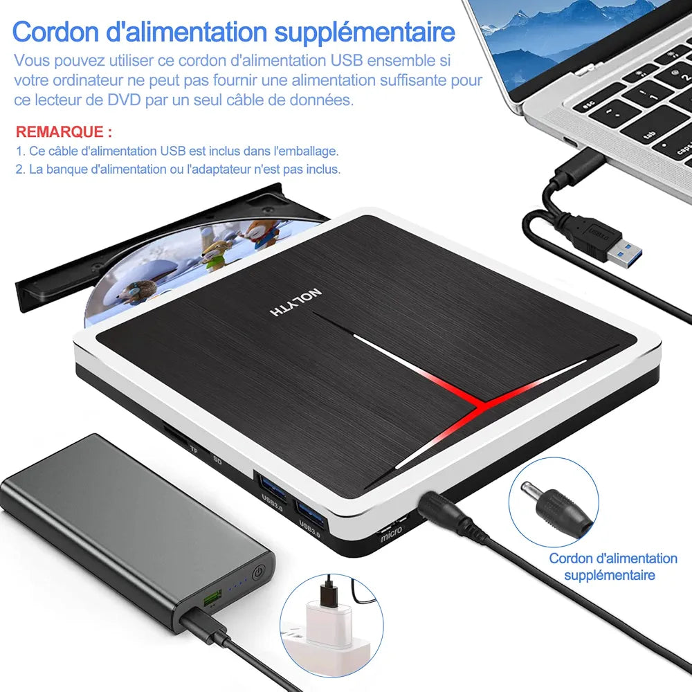 NOLYTH External DVD Drive, CD Drive External USB, DVD Drive External with SD TF 2 USB Ports, Portable External Optical Drives, DVD Burner, External CD Drive External for Laptop, Mac, PC, Windows