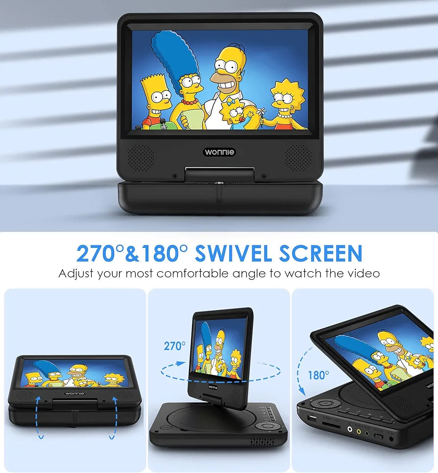 WONNIE 9.5" Portable DVD Player for Kids and Car with 7.5" Swivel Screen, 4-6 Hours Rechargeable Battery, All Regions, AV in/Out, Support USB/SD Card/Sync TV