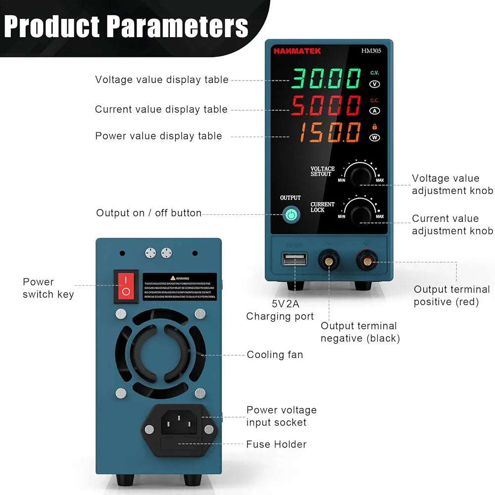 HANMATEK Adjustable DC Power Supply (0-30 V 0-5 A) HANMATEK HM305 Mini Variable Switching Digital Bench Power Supply
