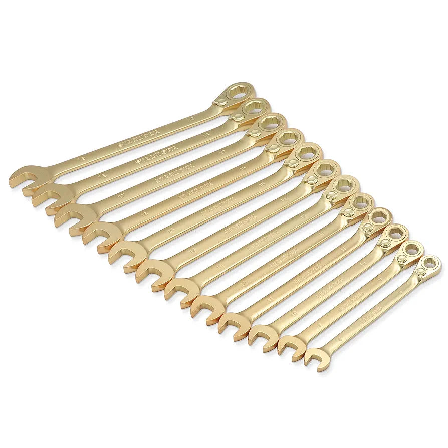 Offset Vintage 12 Pc. 6-Point Metric 15° G-Plating Reversible Non-Slip Long Pattern Ratcheting Combination Wrench Set (8-19 mm)