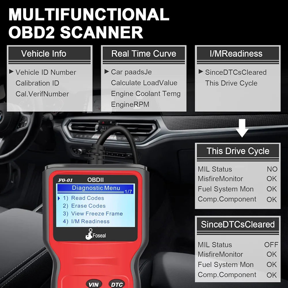 Foseal Wired Car OBD2 Scanner,Plug and Play Code Reader, Car Diagnostic Tool for OBDII Protocol Vehicles Since 1996