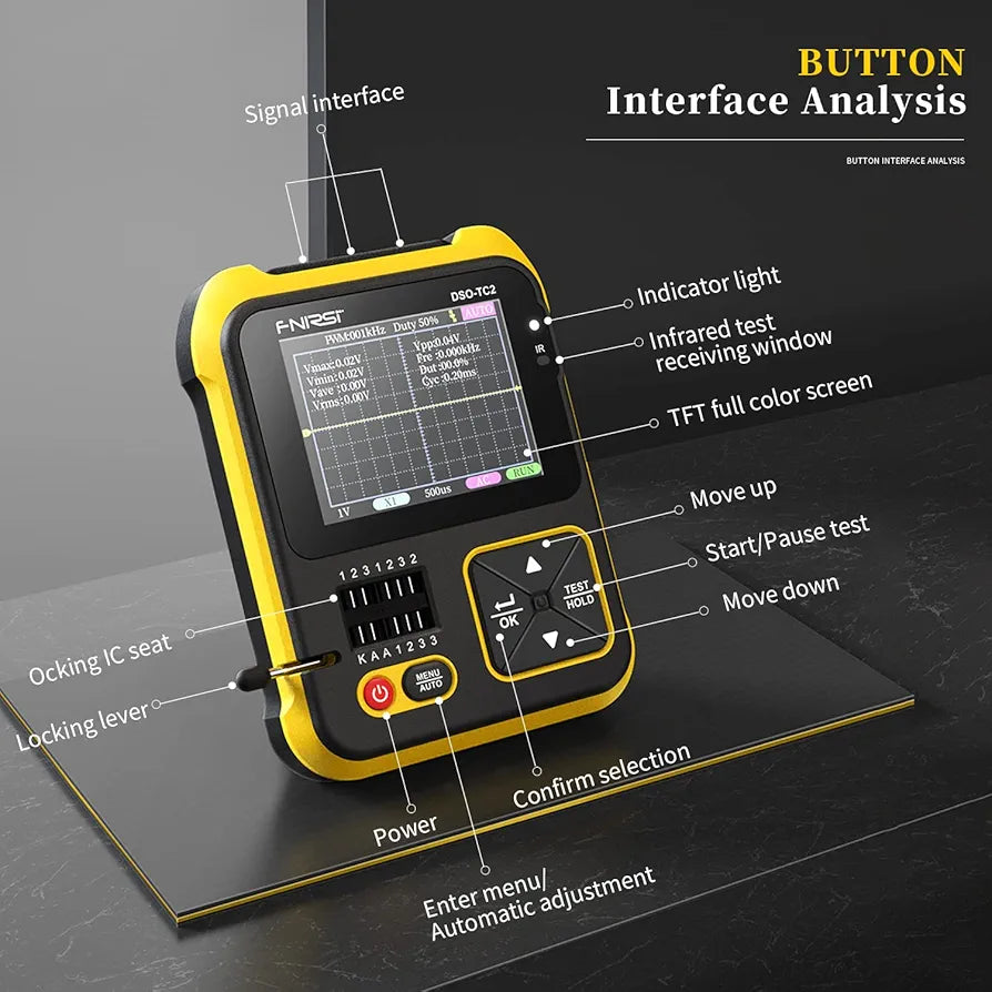 FNIRSI DSO-TC2 Oscilloscope - 2-in-1 Handheld Oscilloscope & Transistor Tester, PWM Square Wave Output, Diode Voltage Continuity Tester, Integrated Hidden Stand, P6100 High Voltage Probe