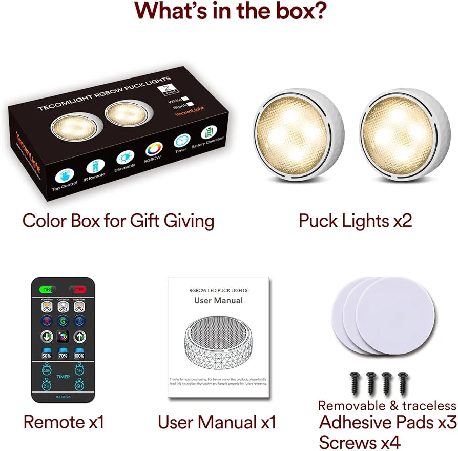 LED Puck Lights with Remote Control, Battery Operated Wireless Closet Light, Under Cabinet Lights Stick on Tap Light, Color Changing Under Counter Light for Kitchen, 2 Pack - White