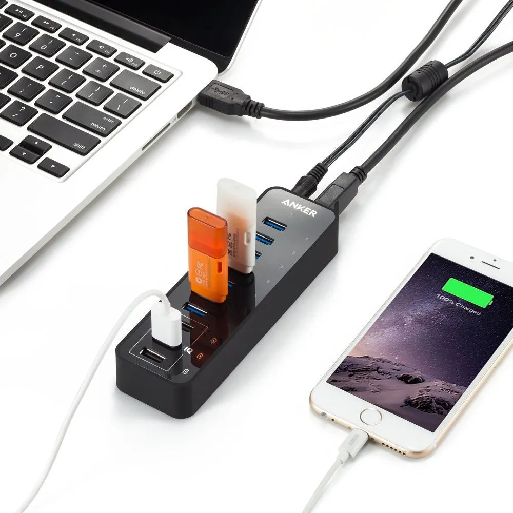 Anker USB Hub, USB 3.0 Hub, 10 Port 60W Data Hub, with 7 USB 3.0 Ports, 3 PowerIQ Charging Ports, Compatible with MacBook, iMac, Dell XPS, Surface Pro, iPhone, iPad Air, Galaxy Series, Mobile HDD