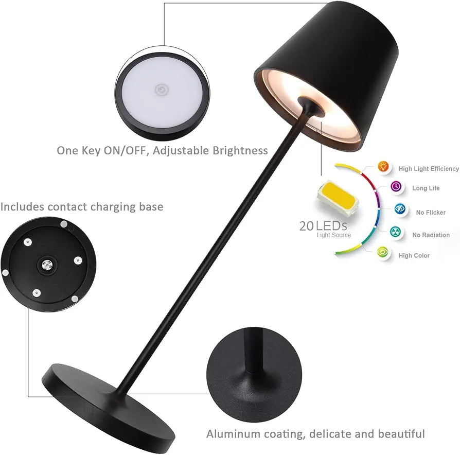 LED Table Lamp with Contact Charging Base 2W 3000K Rechargeable IP54 Outdoor/Indoor Black