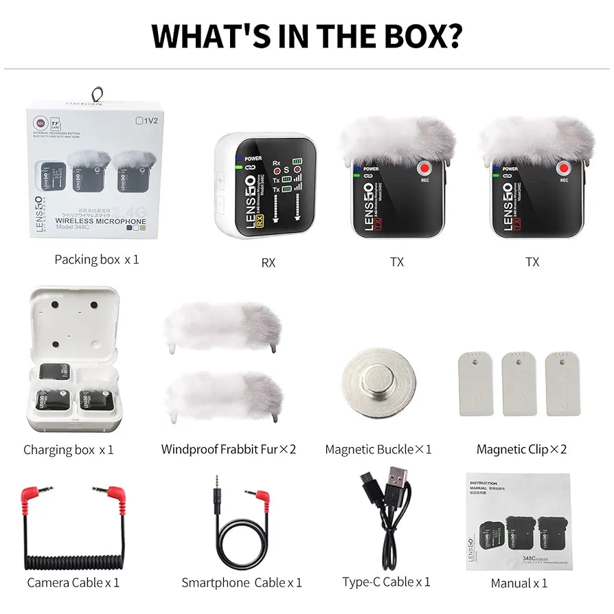 LENSGO 348C 2.4Ghz Wireless Lavalier Microphone 32GB TF Card Slot Compact Lav Mic 2 Transmitter and 1 Receiver