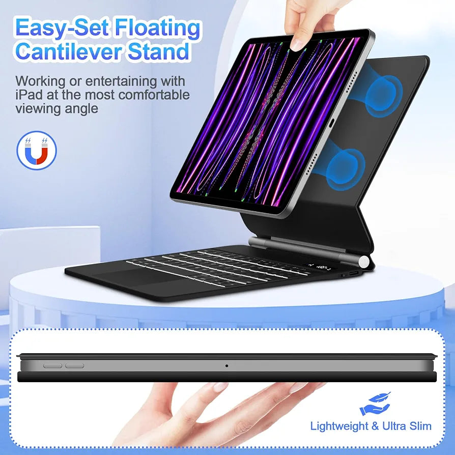 Magnetic Keyboard Case for iPad Air 13 inch 2024 M2,iPad Pro 12.9 inch (6th/5th/4th/3rd) Gen(2018-2022),Click-Anywhere Trackpad with LCD Display & 7 Color Backlit Bluetooth Keyboard -Black