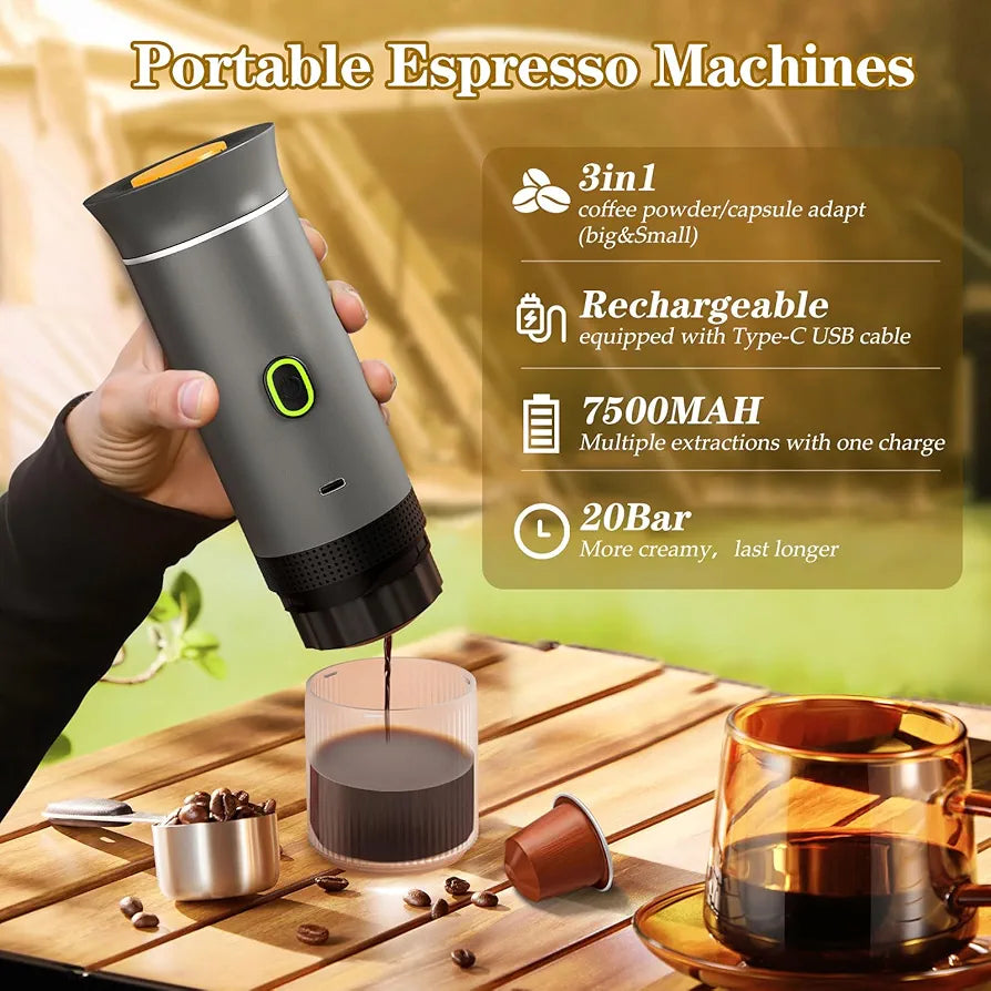 Expresso 3in 1 Portable Machine, Mini Coffee Maker for Travel, Self-Heating Car Coffee Maker with USB-C, Small Espresso Machine with Ground Coffee & Capsules