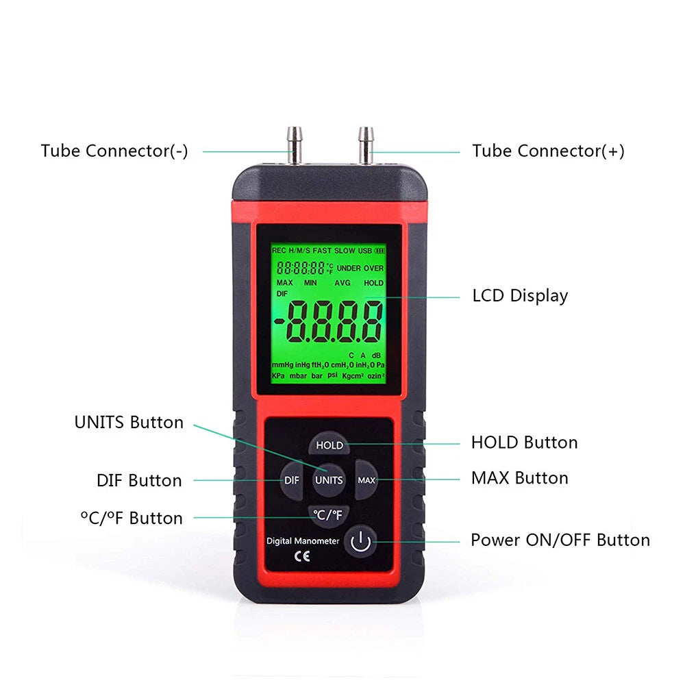 LCD Digital Manometer Differential Pressure Gauge Gas Air Pressure Meter 12 Unit