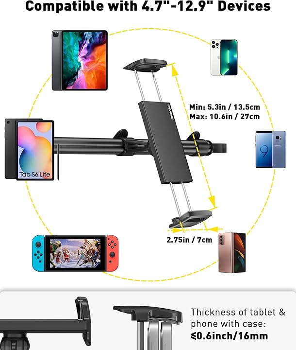 Car Tablet Holder Mount for iPad: Headrest Tablet Stand for Car Back Seat Compatible with iPad Pro Air Mini | Galaxy Tab | Kindle Fire HD | Switch OLED or Other 4.7-13" Devices