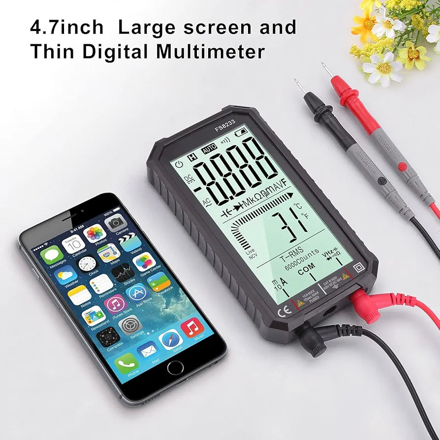 LCD Digital Multimeter 4.7 Inch TRMS 6000 Counts Voltmeter Auto-Ranging Fast Measures Voltage Current Amp Resistance Diodes Continuity Duty-Cycle Capacitance Temperature for Automotive