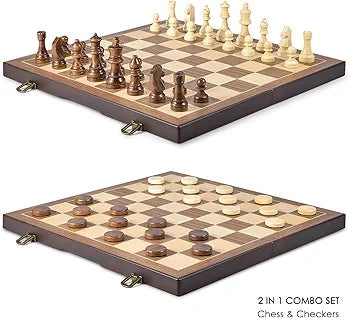 AMEROUS Magnetic Wooden Chess and Checkers Game Set, 15 Inches (2 in 1) Chess Board Games, 2 Extra Queens - Gift Package - Game Pieces Storage Slots