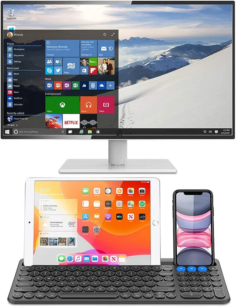 Arteck Wireless Bluetooth Keyboard for Windows, iOS, Android, Computer, Laptop, Smartphone - Multi-Functional with Built-in Cradle