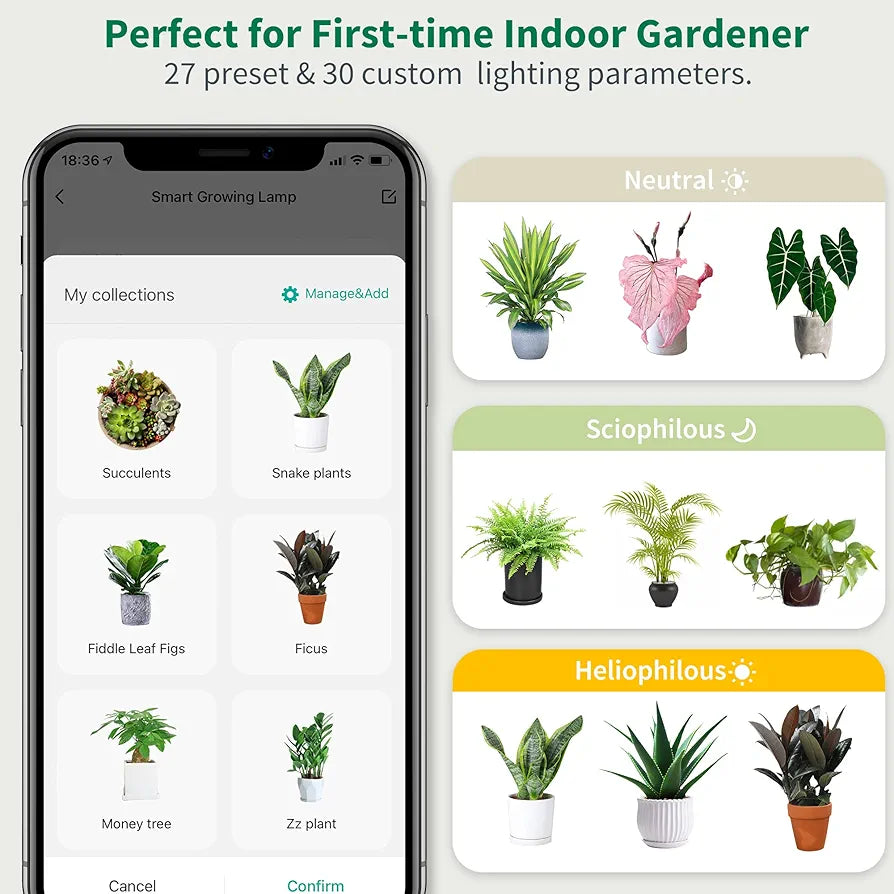 Diivoo Smart Grow Light for Indoor Plant Full Spectrum, Bluetooth LED Growing Lamp for Small Herb Garden, Automatic Timer, Stepless Dimming, Height Adjustable