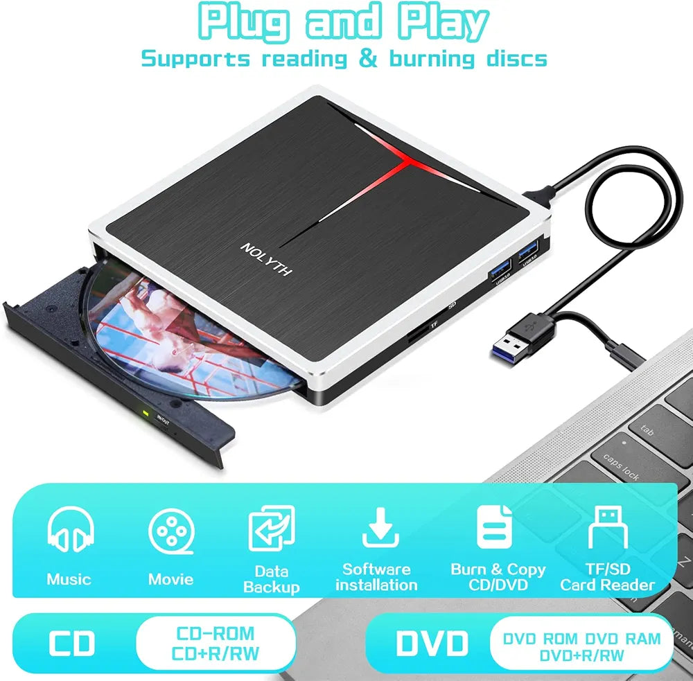 NOLYTH External DVD Drive, CD Drive External USB, DVD Drive External with SD TF 2 USB Ports, Portable External Optical Drives, DVD Burner, External CD Drive External for Laptop, Mac, PC, Windows