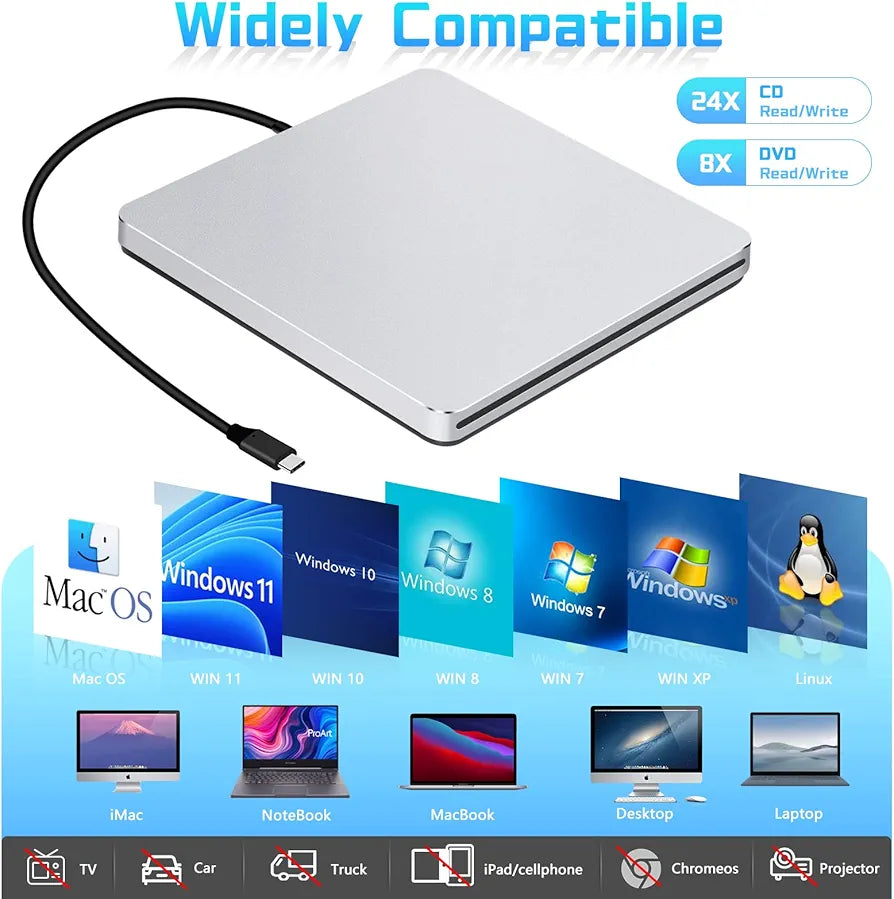 NOLYTH CD ROM External Drive DVD Player for Laptop, Slot-in CD DVD Drive External for Mac, USB C SuperDrive for Apple, Portable CD Burner Optical Disc Reader Drive for PC Computer Windows MacBook