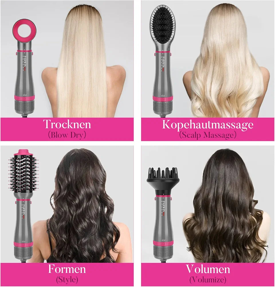PARWIN PRO BEAUTY Hair Dryer 4 in 1 Brush with 4 Accessories, for Drying, Smoothing, Volumising and Styling, Ionic Hair Dryer Brush