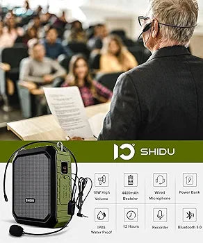 SHIDU Voice Amplifier for Teacher with Portable Microphone and Speaker, 18W Megaphone with Wired Mic Headset, IPX5 Waterproof & Rechargeable Bluetooth Speaker Systems for Tour Guide, Speech, Meeting