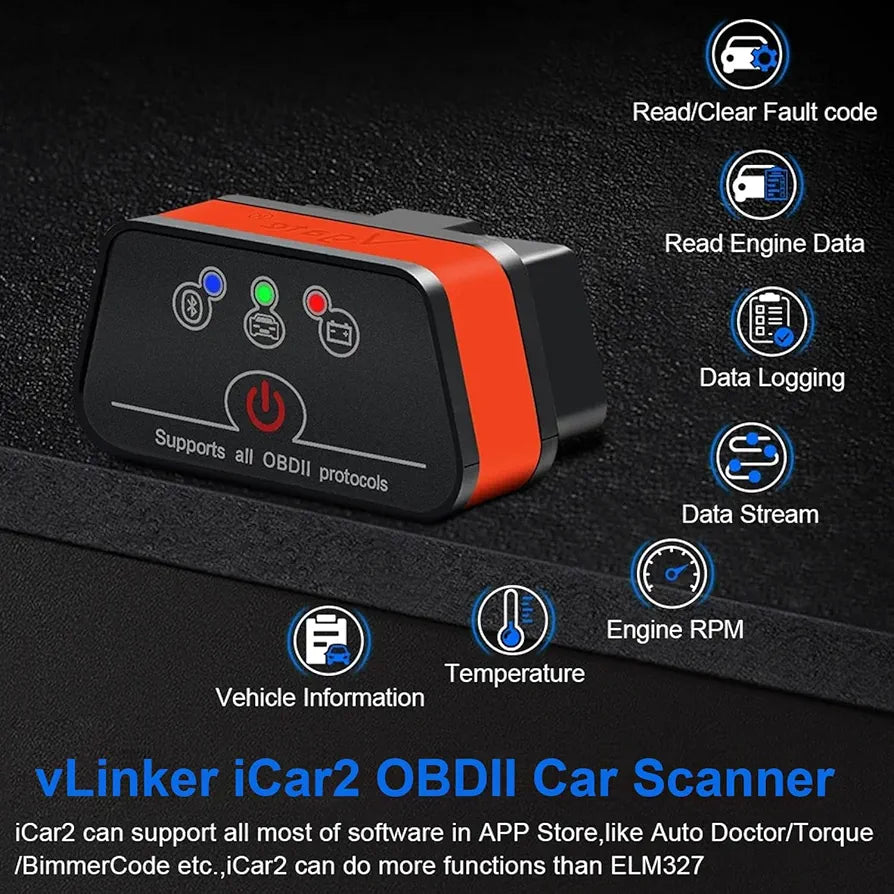 Vgate iCar2 BLE 4.0 OBD2 Bluetooth Adapter Auto Scanner Car Diagnostic Tools Engine System Diagnostic Tools for Android/IOS (Black/Orange)