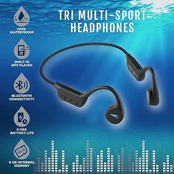 H2O Audio TRI Multi-Sport Waterproof Bone Conduction Open Ear Headphones - Bluetooth for Running/Cycling, MP3 for Swimming, IPX8 Waterproof, Sweatproof - Black