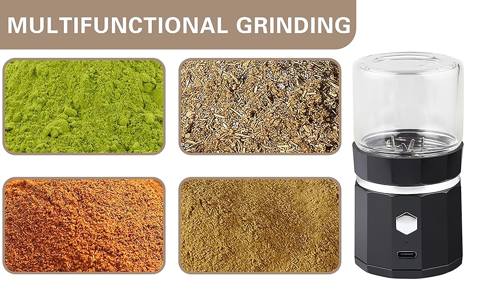 Electric Grinder spice grinder Herb Grinder - Compact and Efficient with USB Rechargeable Battery - 1.7oz Glass Spice Chamber - Premium Quality