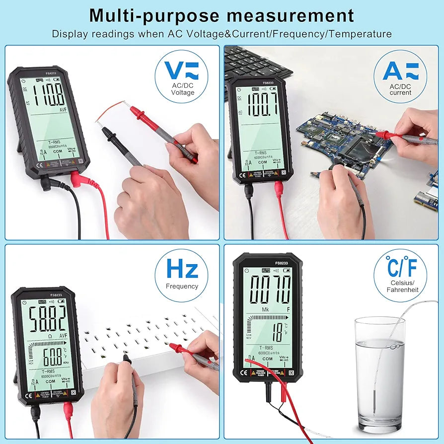 LCD Digital Multimeter 4.7 Inch TRMS 6000 Counts Voltmeter Auto-Ranging Fast Measures Voltage Current Amp Resistance Diodes Continuity Duty-Cycle Capacitance Temperature for Automotive