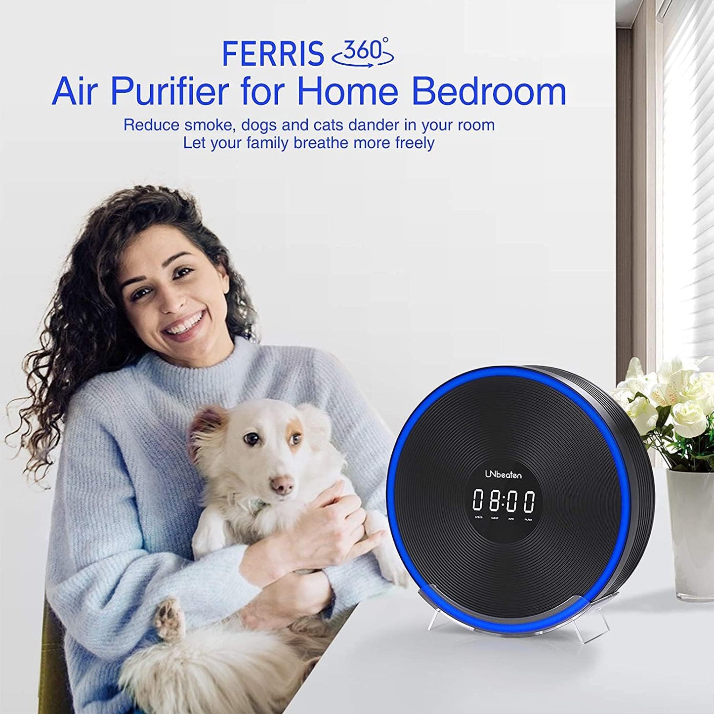 UNbeaten Air Purifiers for Home Bedroom with H13 True HEPA Filters, Clock with Night Light, Space up to 200 Sq Ft, Reduce Dust Wildfire Smoke Pollen Pet Dander for Office, 23dB, Ferris 360 Black